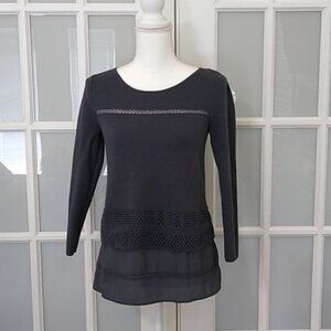 LOFT Gray Laser Cut Layered 3/4 Sleeve Cotton Sweater